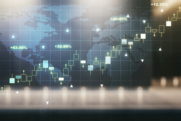 Multi exposure of virtual abstract financial graph hologram and world map on blurry contemporary office building background, financial and trading concept