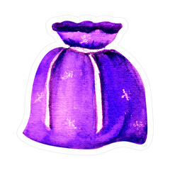 Christmas sticker with a bag of gifts. Watercolor illustration