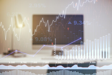 Abstract creative financial graph on modern laptop background, financial and trading concept. Multiexposure
