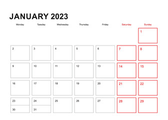 Wall planner for January 2023 in English language, week starts in Monday.