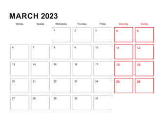 Wall planner for March 2023 in English language, week starts in Monday.