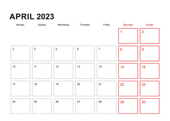 Wall planner for April 2023 in English language, week starts in Monday.