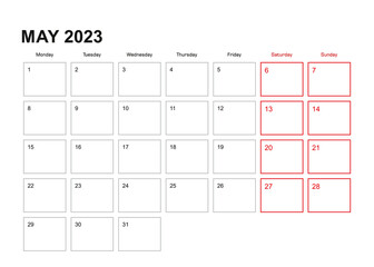 Wall planner for May 2023 in English language, week starts in Monday.