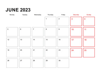 Wall planner for June 2023 in English language, week starts in Monday.