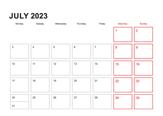 Wall planner for July 2023 in English language, week starts in Monday.
