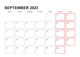 Wall planner for September 2023 in English language, week starts in Monday.