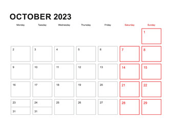 Wall planner for October 2023 in English language, week starts in Monday.