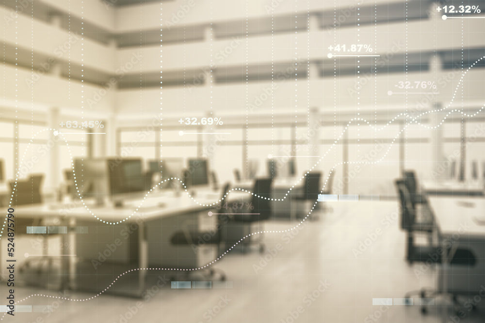 Poster Multi exposure of stats data illustration on a modern furnished office background, computing and analytics concept