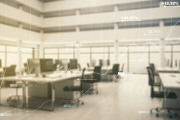 Multi exposure of stats data illustration on a modern furnished office background, computing and analytics concept