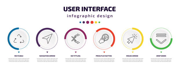 user interface infographic element with icons and 6 step or option. user interface icons such as recycable, navigation arrow, no tittling, press play button, mouse arrow, drop down vector. can be