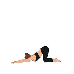 PNG Heart Melting Pose / Anahataasana. Flexible lying woman girl doing stretch basic yoga asana pose without background, fashion illustration, cartoon painting poster person figure