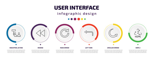 user interface infographic element with icons and 6 step or option. user interface icons such as industrial action, rewind, redo arrow, left turn, circular arrow, hdpe 2 vector. can be used for