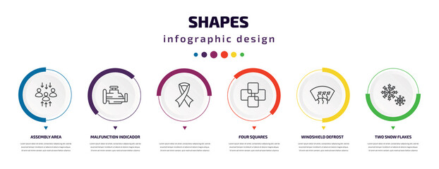 shapes infographic element with icons and 6 step or option. shapes icons such as assembly area, malfunction indicador, , four squares, windshield defrost, two snow flakes vector. can be used for