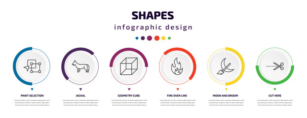 shapes infographic element with icons and 6 step or option. shapes icons such as paint selection, jackal, geometry cube, fire over line, moon and broom, cut here vector. can be used for banner, info