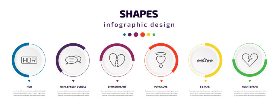 shapes infographic element with icons and 6 step or option. shapes icons such as hdr, oval speech bubble, broken heart, pure love, 5 stars, heartbreak vector. can be used for banner, info graph,