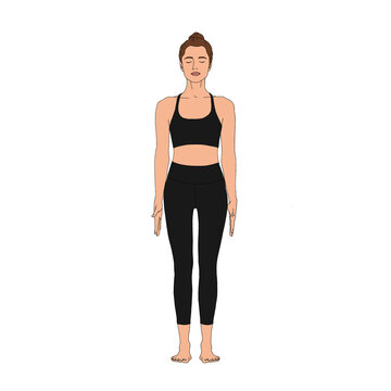 PNG Mountain Pose / Tadasana. Beautiful flexible fashion woman practicing doing yoga basic asana posture in black gym suit without background Illustration painting poster of person figure