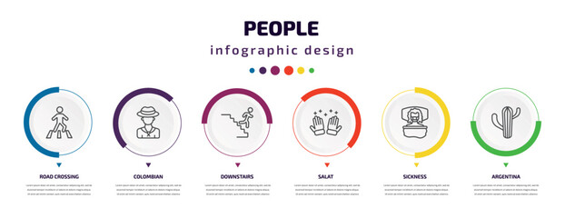 people infographic element with icons and 6 step or option. people icons such as road crossing, colombian, downstairs, salat, sickness, argentina vector. can be used for banner, info graph, web,