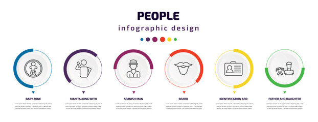 people infographic element with icons and 6 step or option. people icons such as baby zone, man talking with phone, spanish man, beard, identification ard, father and daughter vector. can be used