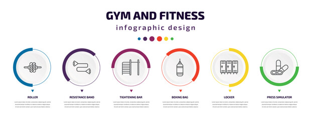 gym and fitness infographic element with icons and 6 step or option. gym and fitness icons such as roller, resistance band, tightening bar, boxing bag, locker, press simulator vector. can be used