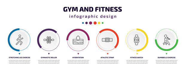 gym and fitness infographic element with icons and 6 step or option. gym and fitness icons such as stretching leg exercise, gymnastic roller, hydratation, athletic strap, fitness watch, dumbbells