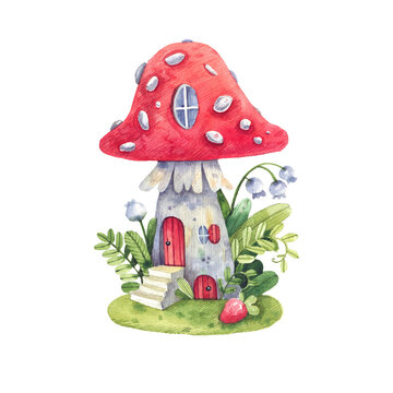 Cartoon fly agaric house with flowers, forest herbs hand drawn in watercolor. Fairy house mushroom watercolor illustration.