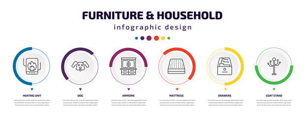 furniture & household infographic element with icons and 6 step or option. furniture & household icons such as heating unit, dog, armoire, mattress, drawers, coat stand vector. can be used for