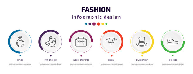 fashion infographic element with icons and 6 step or option. fashion icons such as fiance, pair of socks, closed briefcase, collar, cylinder hat, one shoe vector. can be used for banner, info graph,