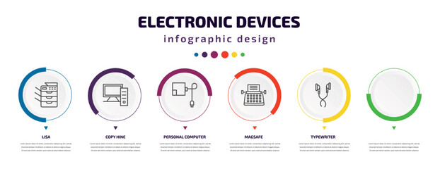 electronic devices infographic element with icons and 6 step or option. electronic devices icons such as lisa, copy hine, personal computer, magsafe, typewriter, earphones vector. can be used for