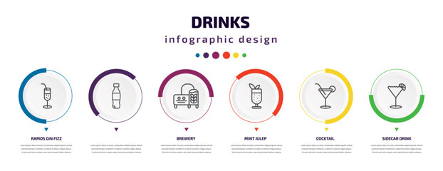 drinks infographic element with icons and 6 step or option. drinks icons such as ramos gin fizz, , brewery, mint julep, cocktail, sidecar drink vector. can be used for banner, info graph, web,