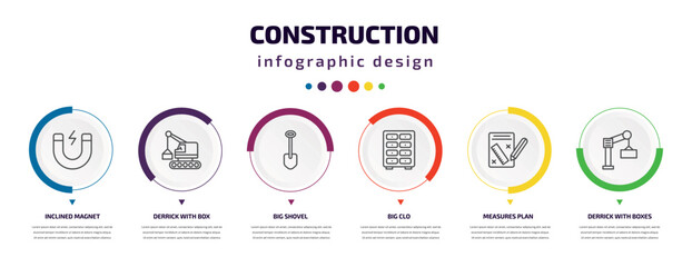construction infographic element with icons and 6 step or option. construction icons such as inclined magnet, derrick with box, big shovel, big clo, measures plan, derrick with boxes vector. can be