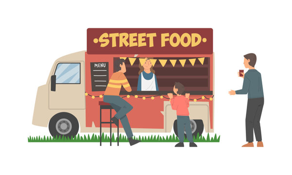 Food truck or van for fast food selling. Street food festival car, city park cafe on wheels cartoon vector illustration