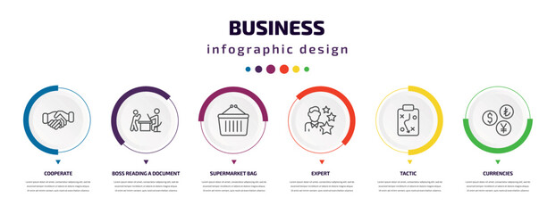 business infographic element with icons and 6 step or option. business icons such as cooperate, boss reading a document, supermarket bag, expert, tactic, currencies vector. can be used for banner,
