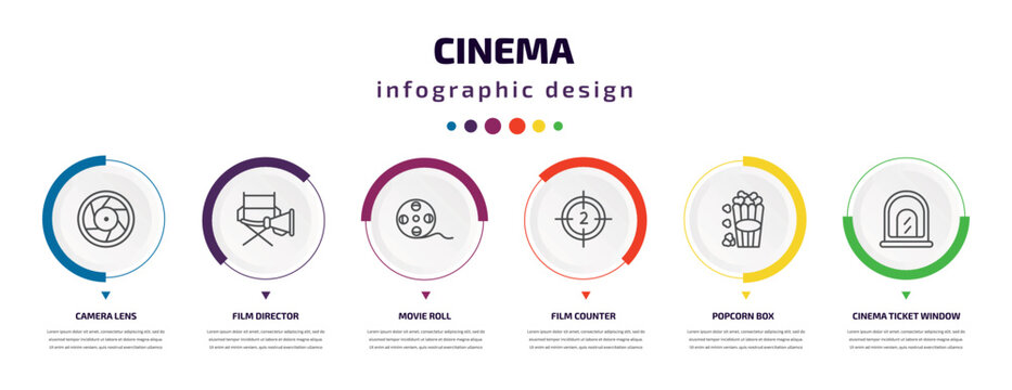 cinema infographic element with icons and 6 step or option. cinema icons such as camera lens, film director, movie roll, film counter, popcorn box, cinema ticket window vector. can be used for