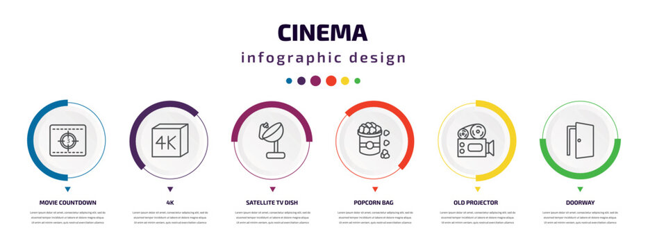cinema infographic element with icons and 6 step or option. cinema icons such as movie countdown, 4k, satellite tv dish, popcorn bag, old projector, doorway vector. can be used for banner, info