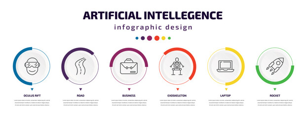 artificial intellegence infographic element with icons and 6 step or option. artificial intellegence icons such as oculus rift, road, business, exoskeleton, laptop, rocket vector. can be used for
