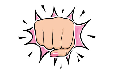 Woman fist punch illustration, Girl Power symbol, Female hand hitting the camera, powerful woman sign