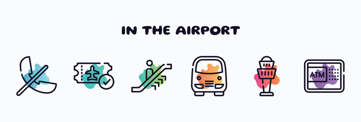 in the airport outline icons set. thin line icons such as phones not allowed, verified boarding card, upwards or, bus service, airport control tower, automated teller hine icon collection. can be - obrazy, fototapety, plakaty