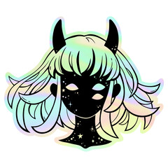 head of a mystical girl with colorful hair and horns