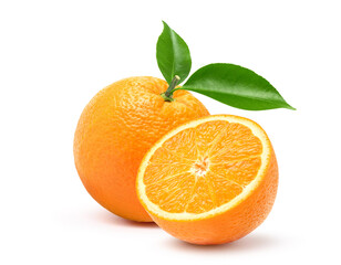 Orange  with cut in half and green leaf isolated on white background. clipping path.
