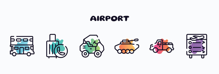 airport outline icons set. thin line icons such as double decker, final call, all terrain, armored vehicle, pickup car, flight information icon collection. can be used web and mobile. - obrazy, fototapety, plakaty
