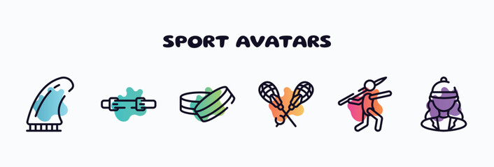 sport avatars outline icons set. thin line icons such as fin, diving belt, hockey puck, lacrosse, javelin, horsewoman icon collection. can be used web and mobile.