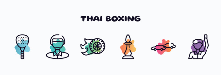 thai boxing outline icons set. thin line icons such as padel, polo player, burnout, chesspiece, chase, committee icon collection. can be used web and mobile. - obrazy, fototapety, plakaty