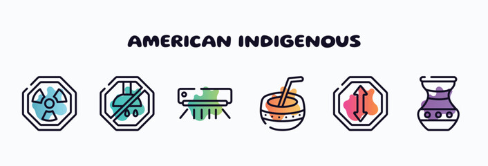Naklejka premium american indigenous outline icons set. thin line icons such as radiactive, no shower, air condition, kalabas, ahead, native american pot icon collection. can be used web and mobile.
