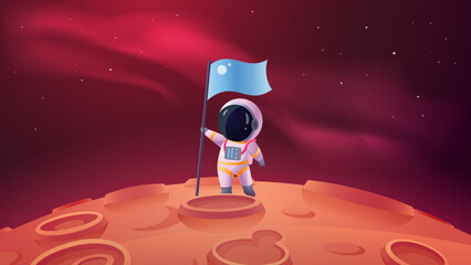 Astronaut hold the flag on surface of the mars. Vector Illustration. © Roman
