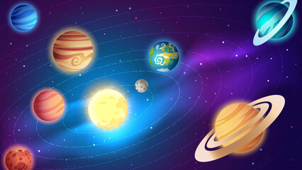 Naklejka premium Vector illustration of Solar System. Sun, Mercury, Venus, Earth, Mars, Jupiter, Saturn, Uranus, Neptune.