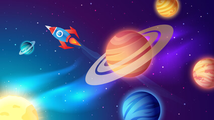 Naklejka premium Space background. Colorful cartoon planets and deep space. Vector Illustration.