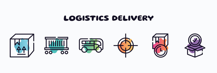logistics delivery outline icons set. thin line icons such as cardboard box with fragile items, cargo train, buses, centre of gravity, receiving time, package for delivery icon collection. can be