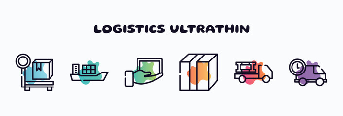 logistics ultrathin outline icons set. thin line icons such as parcel weight, cargo boat, lightweight, closed cardboard box with packing tape, materials logistics, logistics times icon collection.
