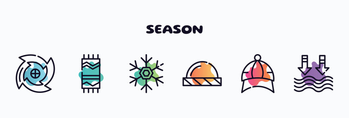 season outline icons set. thin line icons such as cyclone, beach towel, frost, beanie, baseball cap, tide icon collection. can be used web and mobile. - obrazy, fototapety, plakaty