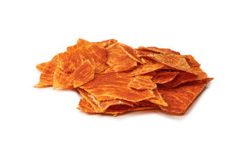 Group of tasty beer snacks. Dehydrated chicken meat slices.